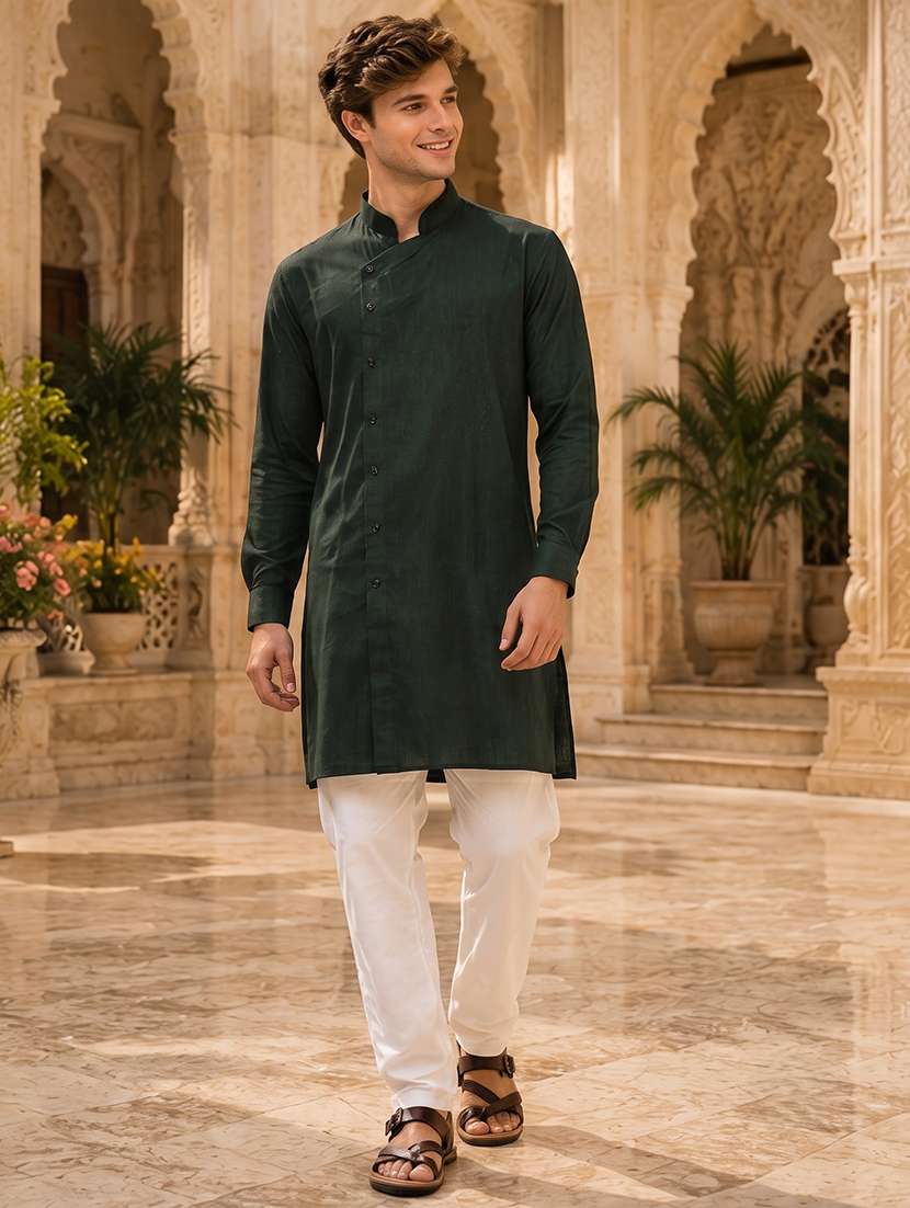 men solid cotton kurta pyjama ethnic wear set
