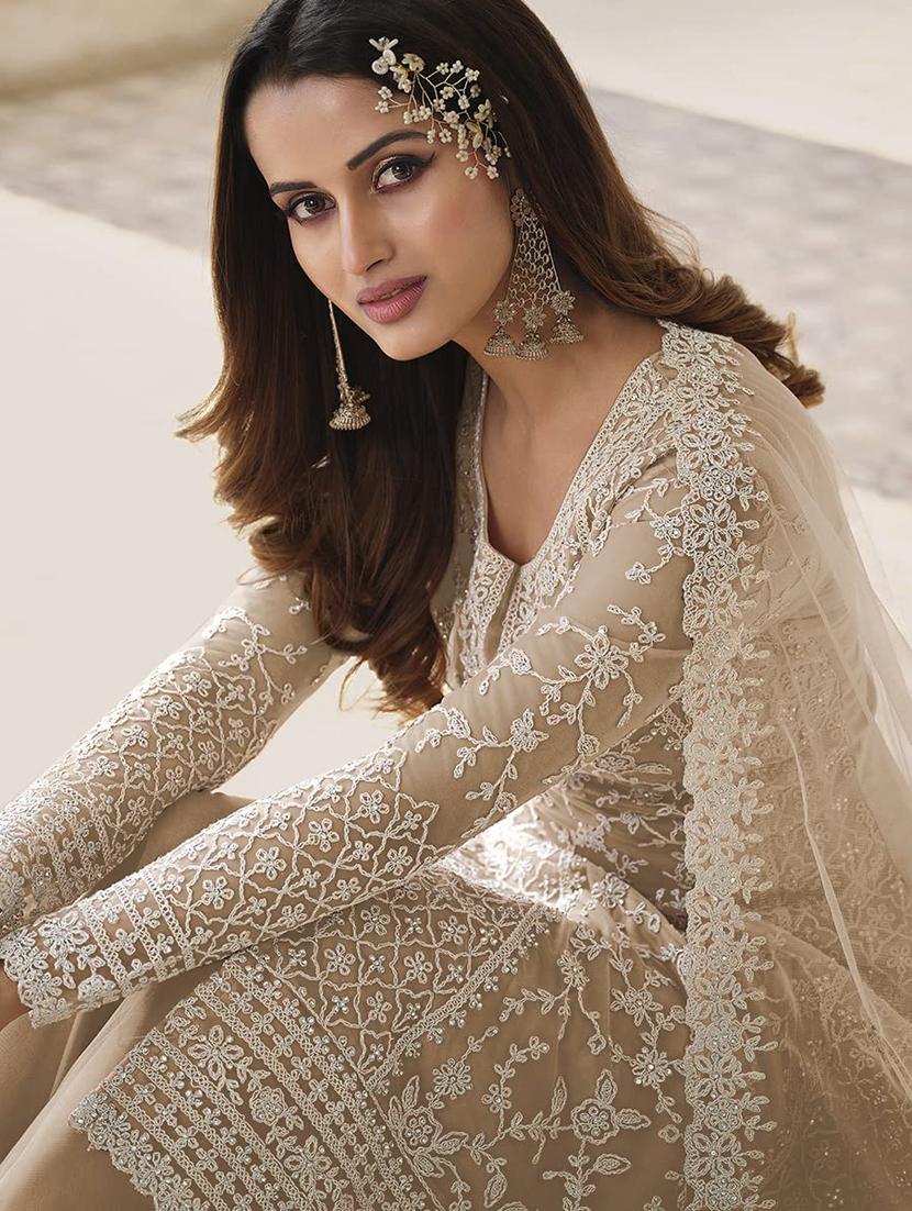 beige embroidered semi-stitched suit set - 20754732 - Standard Image - 2