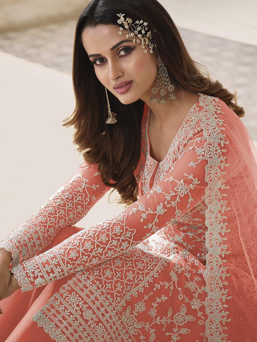orange embroidered semi-stitched suit set - 20754735 - Standard Image - 2