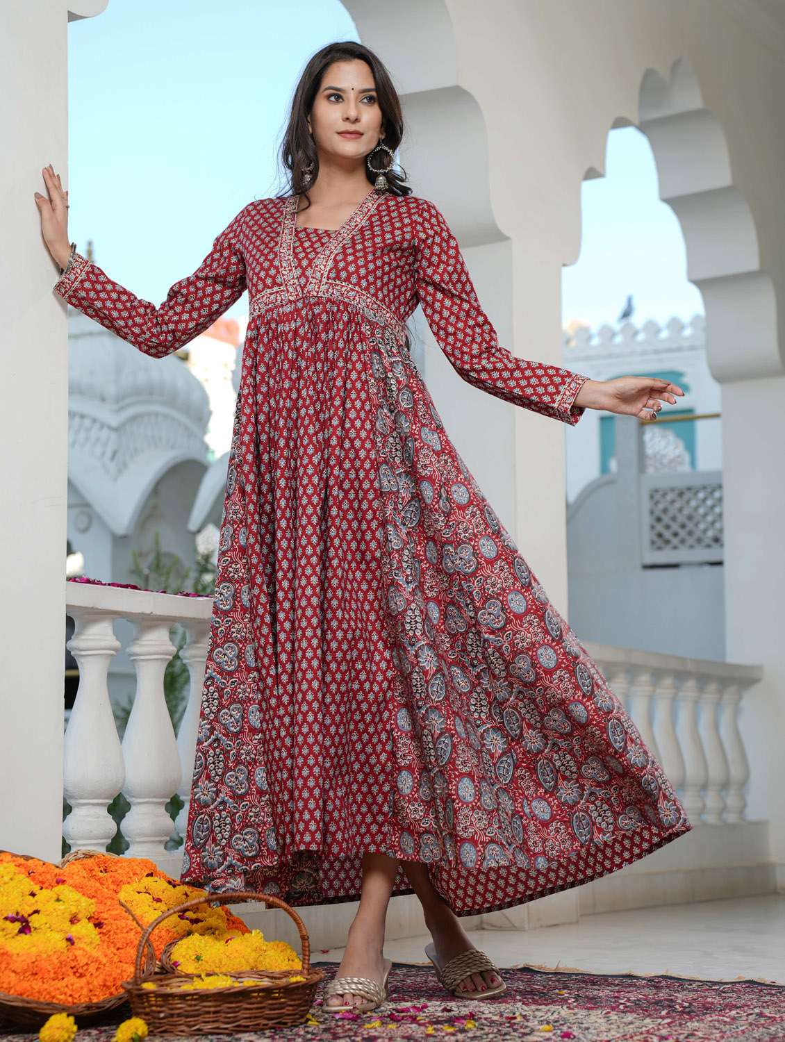 maroon floral printed a-line ethnic dress
