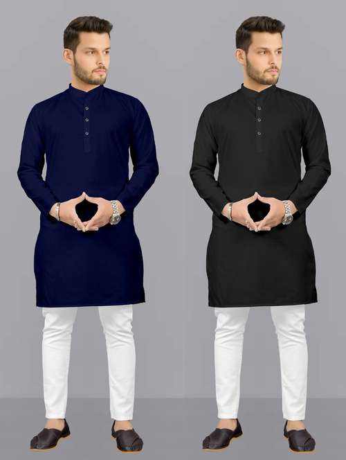 men pack of 2 solid kurta pyjama set