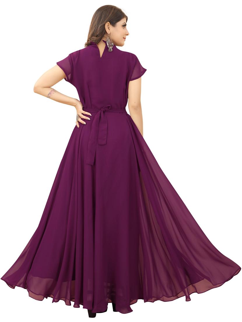 women purple short sleeves flared gown - 20755078 - Standard Image - 2