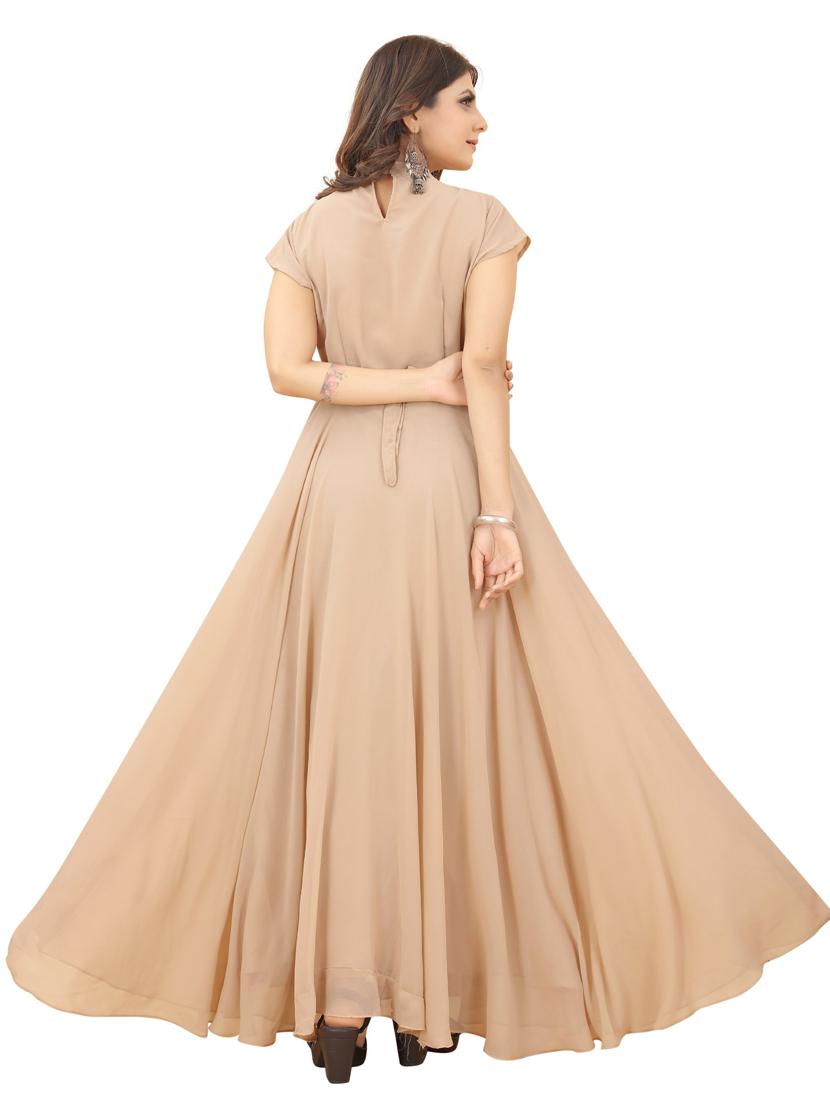 women beige short sleeves flared gown - 20755079 - Standard Image - 2