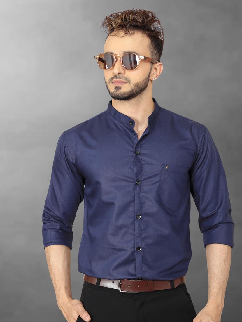 dark blue solid cotton casual shirt - 20755091 -  Zoom Image - 0