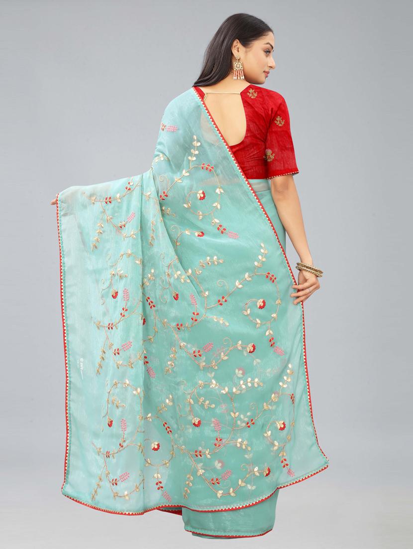 light blue solid with work saree with blouse - 20755103 - Standard Image - 2