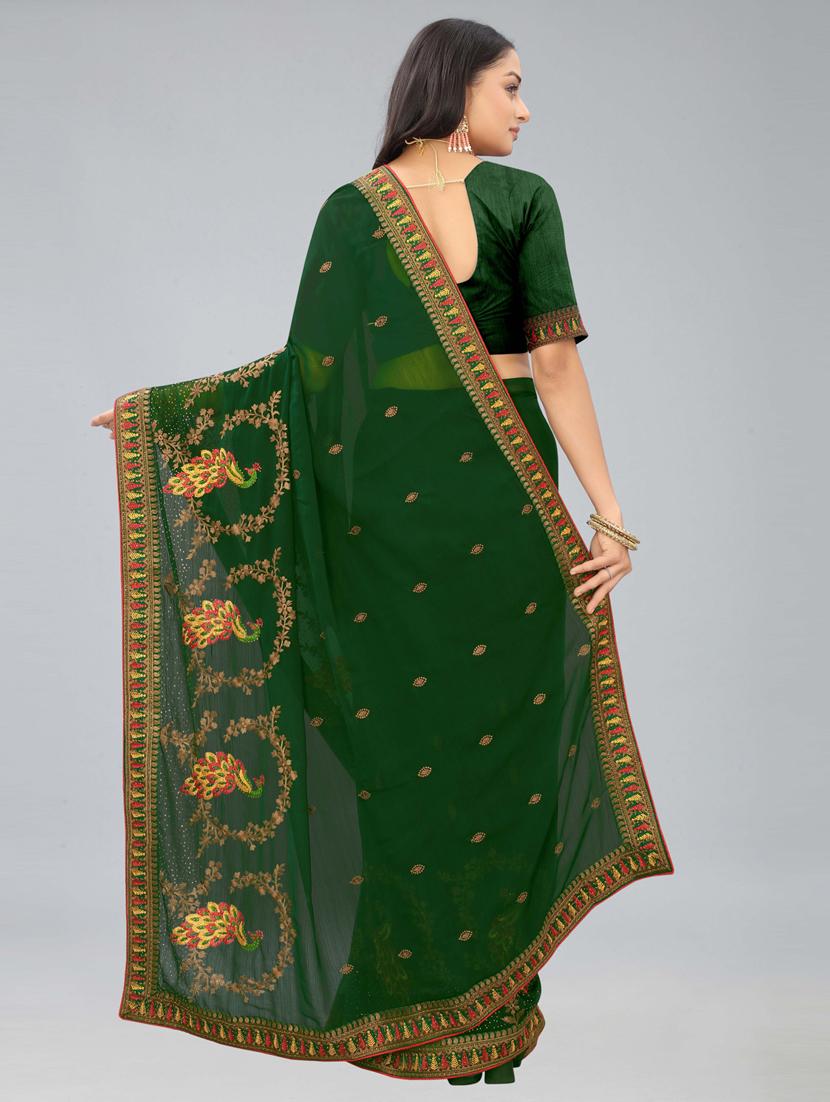 green chiffon embroidered saree with blouse - 20755126 - Standard Image - 2