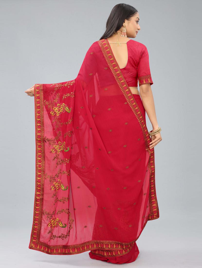 red chiffon embroidered saree with blouse - 20755128 - Standard Image - 2