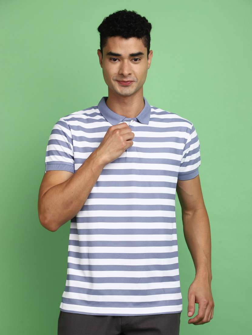 men striped print short sleeve polo t-shirt