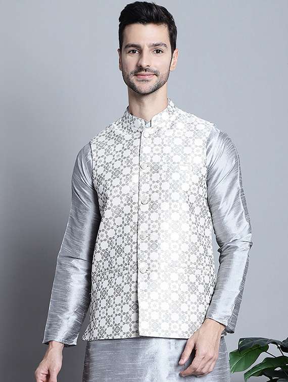 cream self design nehru jacket