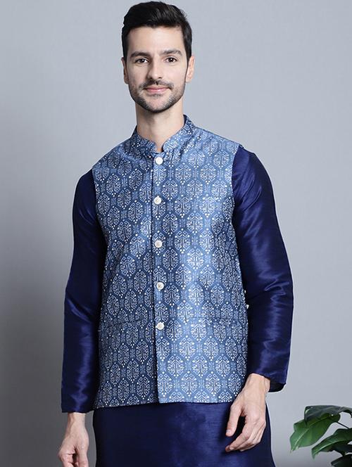men blue printed nehru jacket - 20755513 - Standard Image - 0