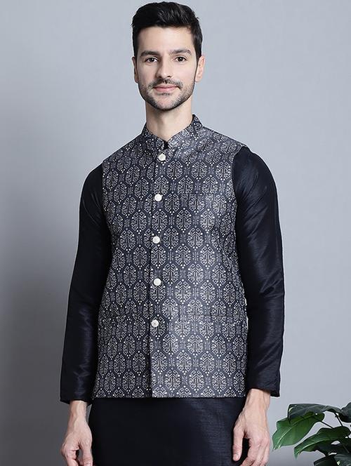 charcoal silk nehru jacket - 20755514 -  Standard Image - 0