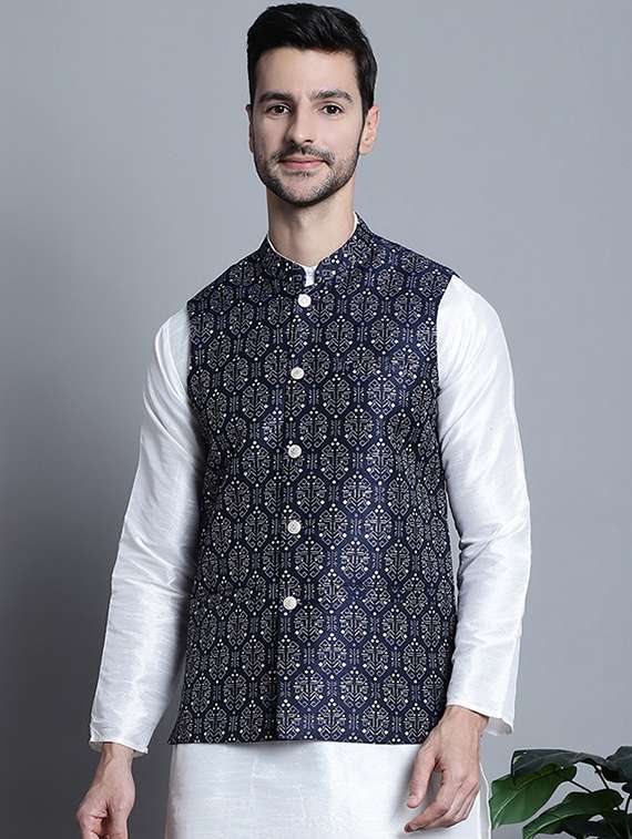 navy blue self design nehru jacket