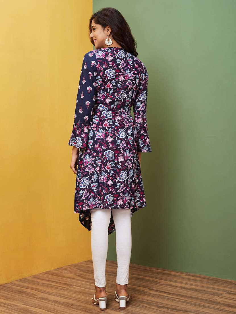 navy blue floral printed a-line kurta - 20755940 -  Standard Image - 2