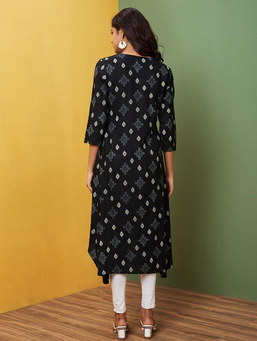 black ethnic motif a-line kurta - 20755944 - Standard Image - 2