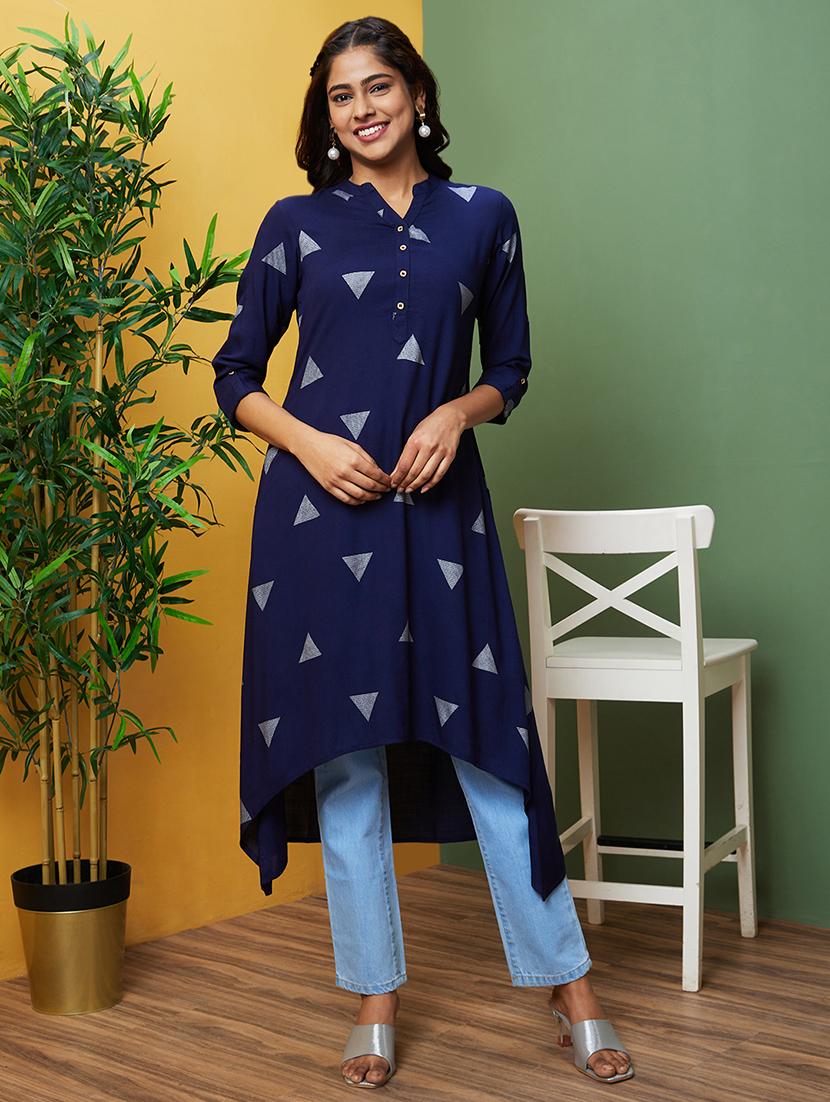 blue geometric printed a-line kurta - 20755946 - Zoom Image - 0