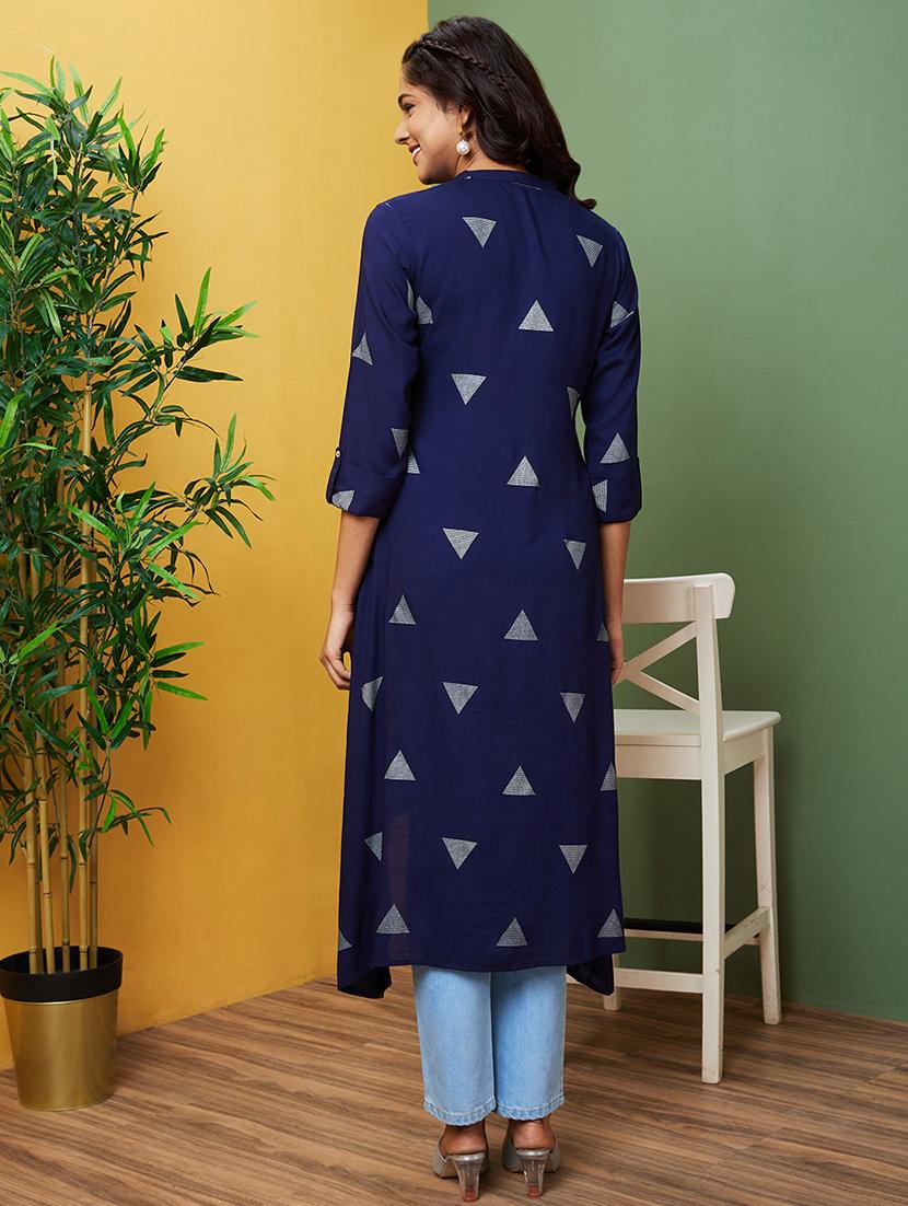 blue geometric printed a-line kurta - 20755946 - Standard Image - 2