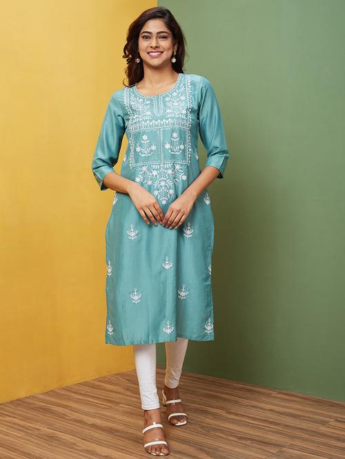 light blue embroidered straight kurta - 20755954 - Standard Image - 0