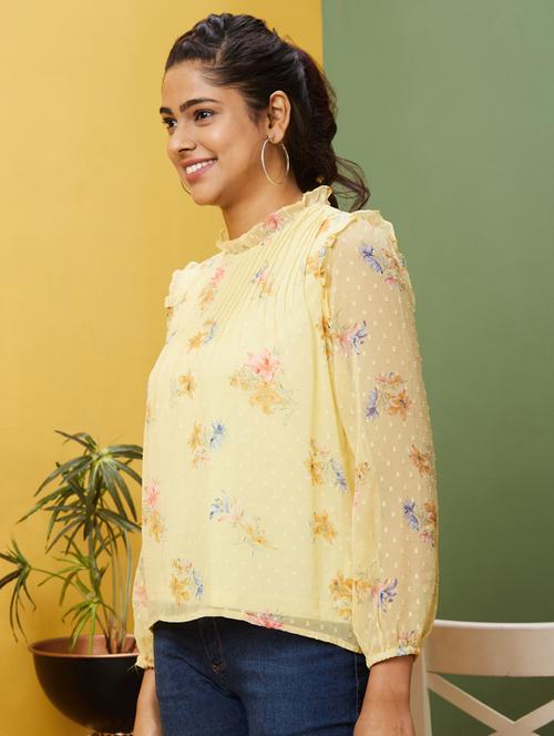 globus women yellow floral print frilled mock neck bishop sleeves georgette top - 20755976 - Standard Image - 0