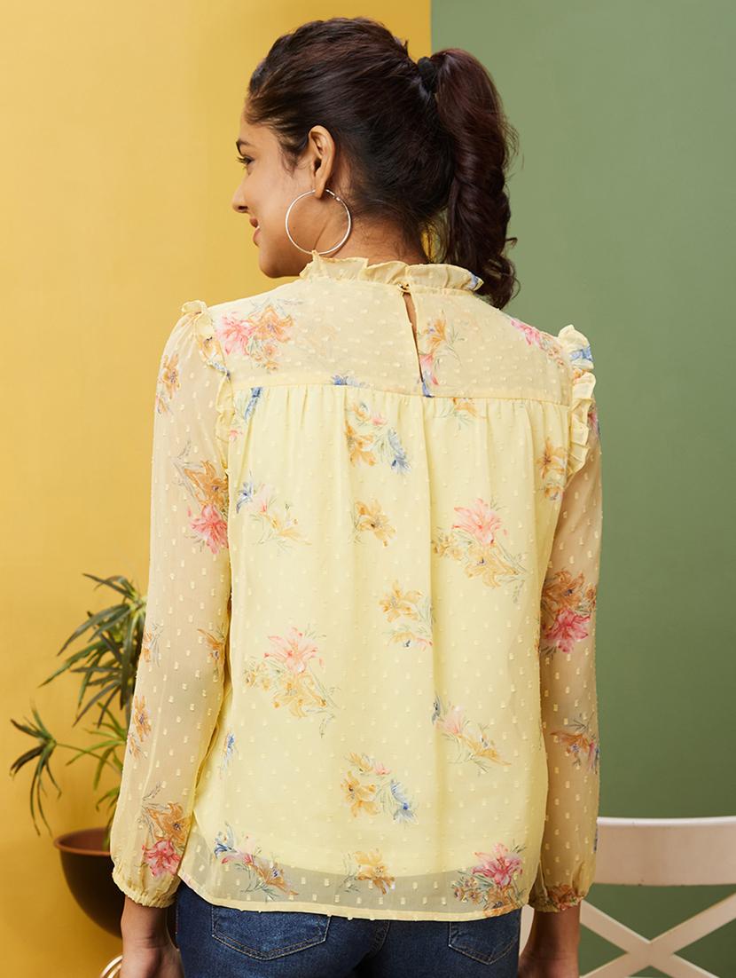 globus women yellow floral print frilled mock neck bishop sleeves georgette top - 20755976 - Standard Image - 2
