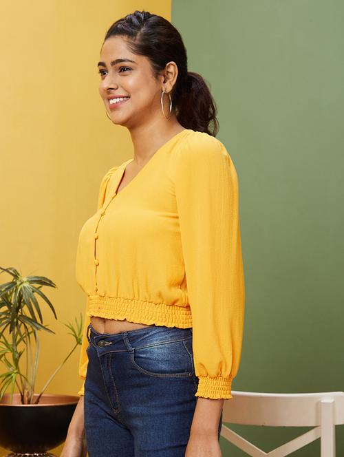 women solid puff sleeves blouson top - 20755978 -  Standard Image - 0