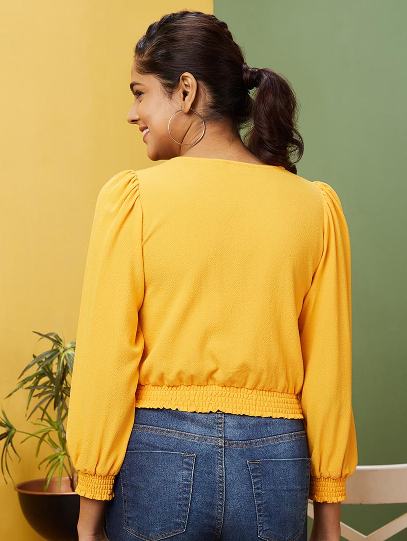 women solid puff sleeves blouson top - 20755978 - Standard Image - 2