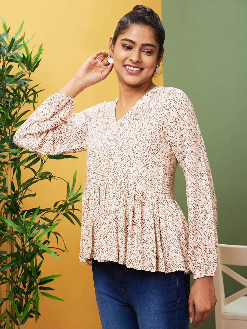 wome printed puff sleeves peplum top - 20755982 -  Zoom Image - 0
