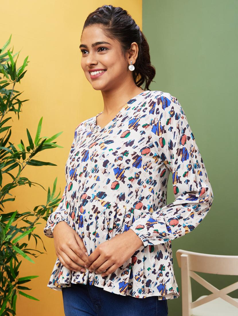 women printed puff sleeves peplum top - 20755985 -  Zoom Image - 0