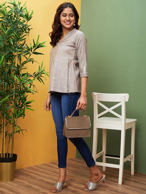 globus women grey embroidered mandarin collar flared hem a-line tunic - 20756081 - Standard Image - 0