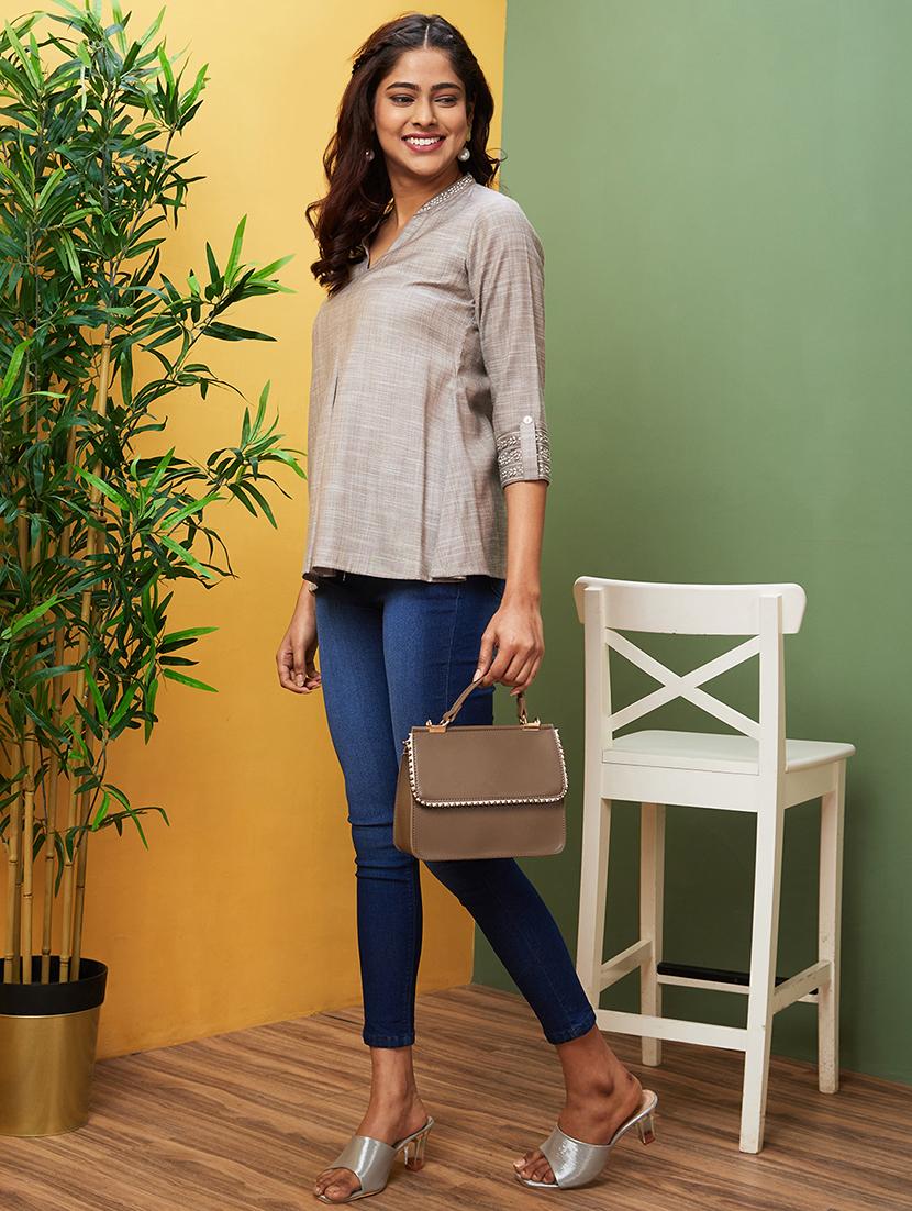 globus women grey embroidered mandarin collar flared hem a-line tunic - 20756081 - Zoom Image - 0