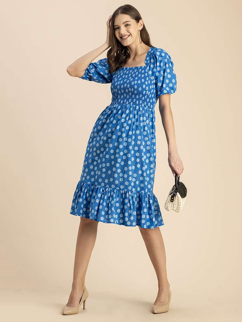 women polka doted puff sleeves tiered dress