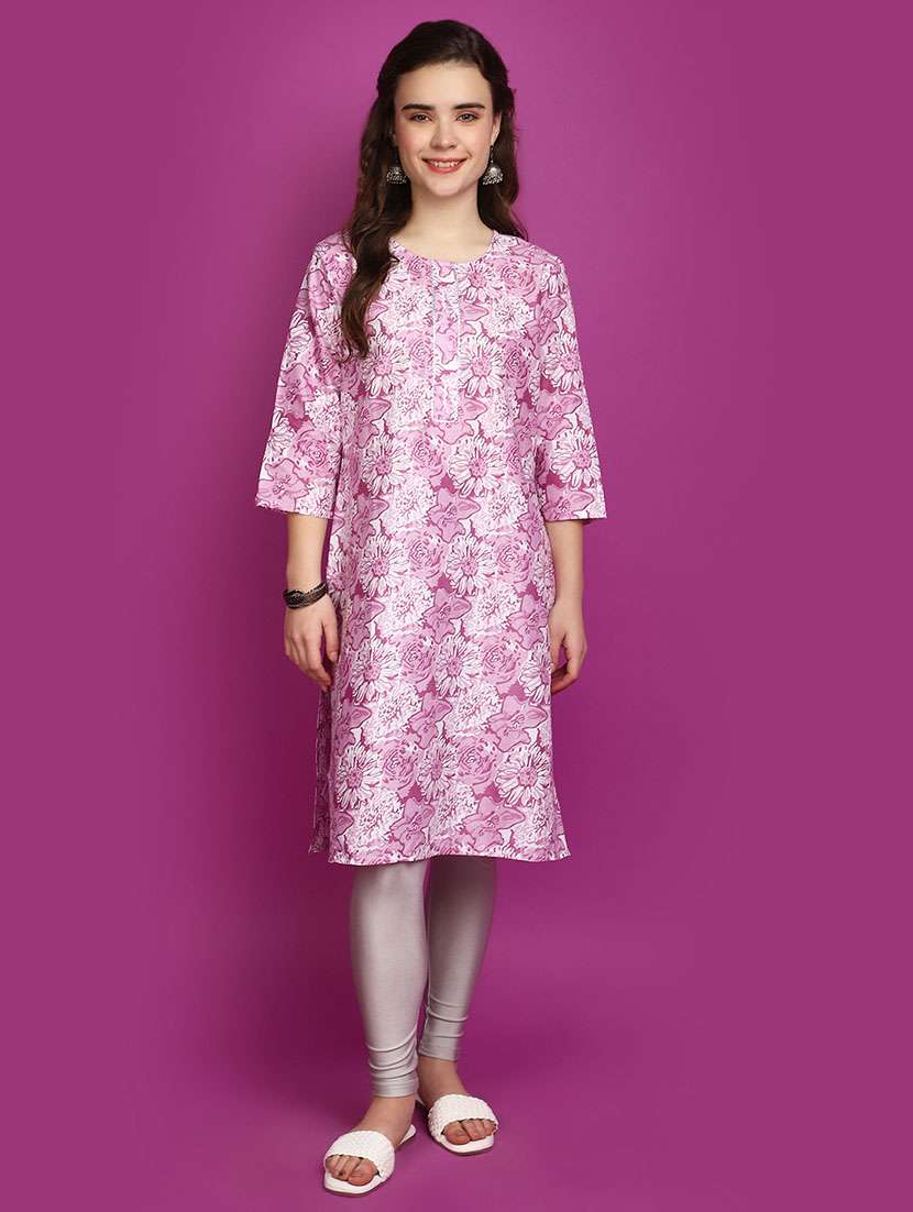 women pink round neck straight kurta