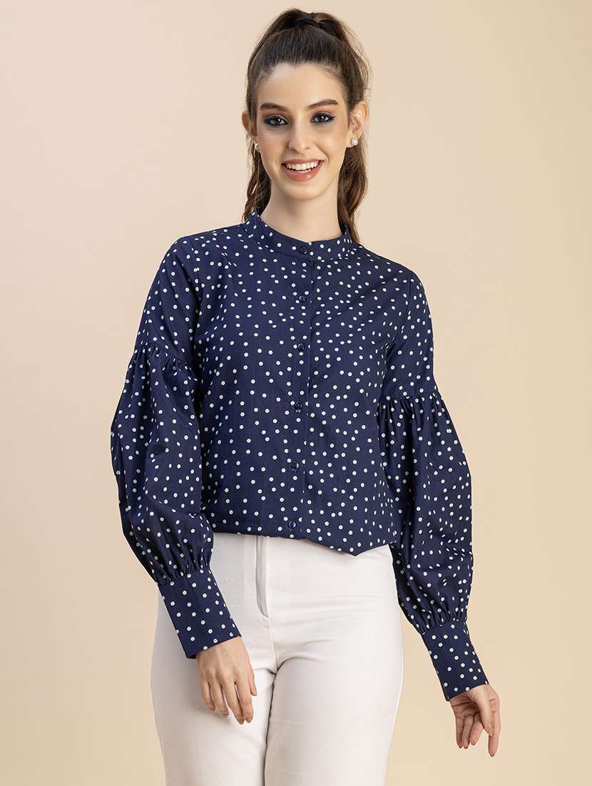 women polka doted bishop sleeves shirt