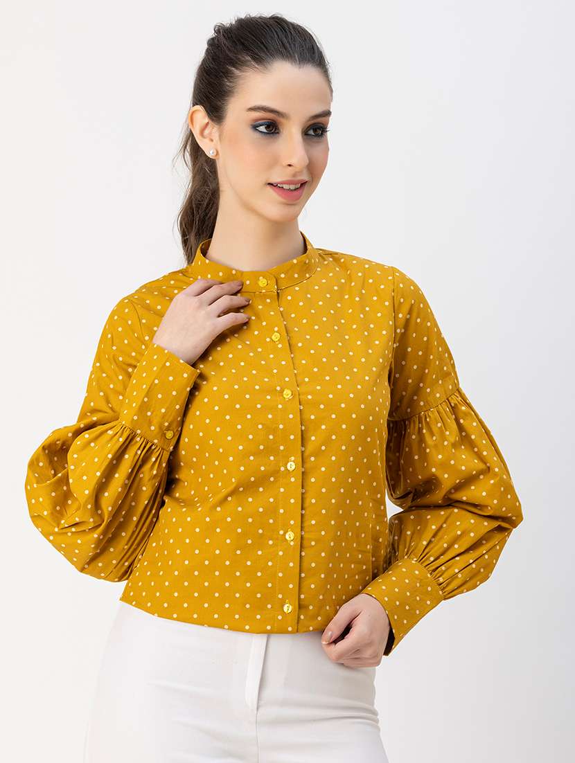 women polka doted bishop sleeves shirt