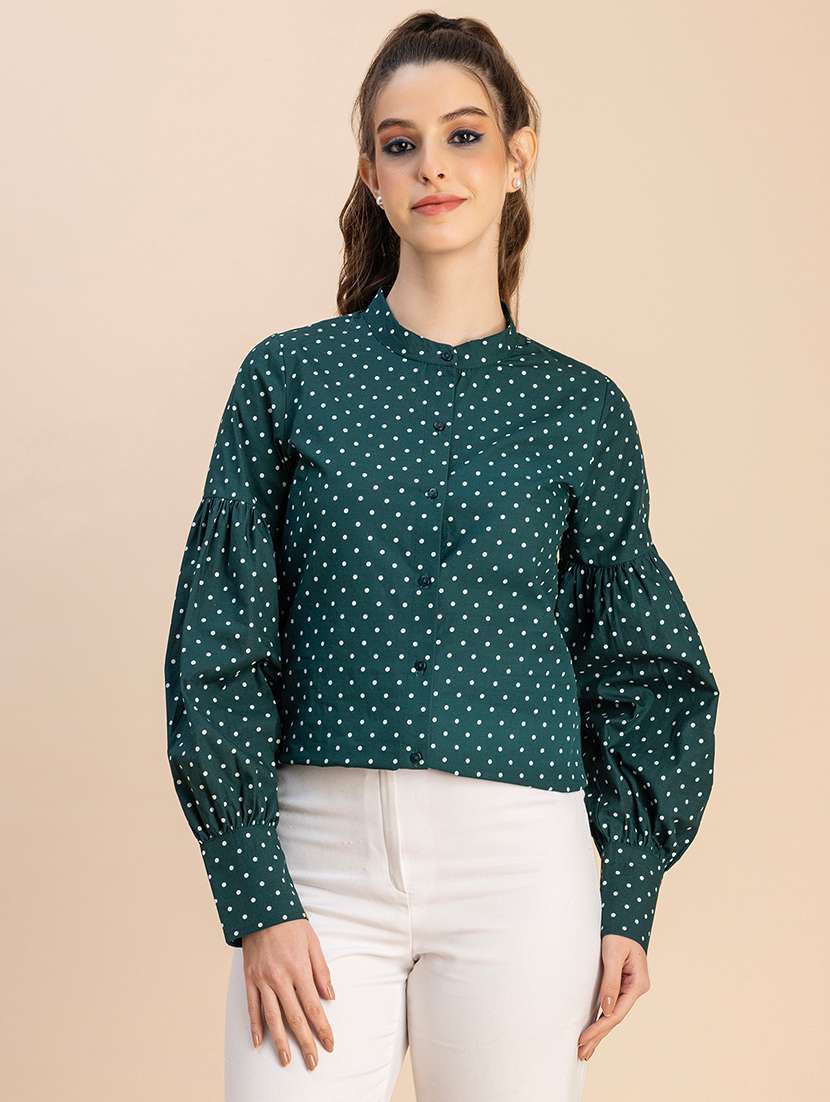 women polka doted bishop sleeves shirt