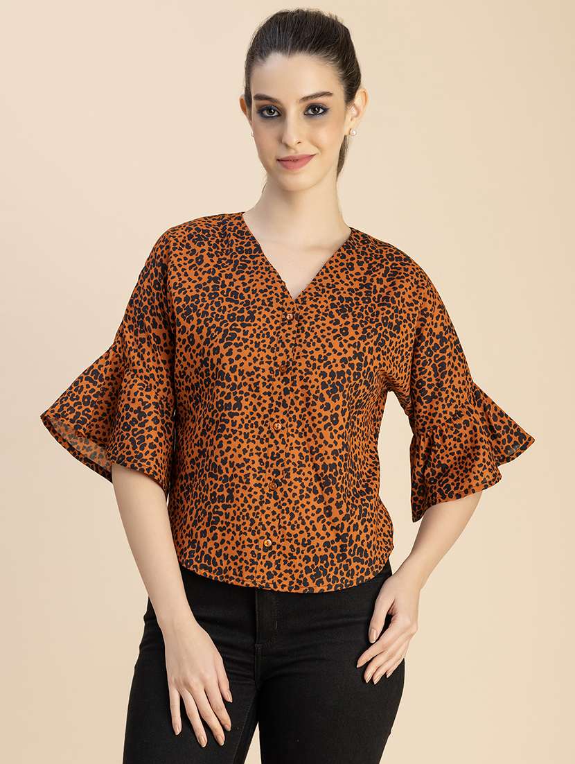 women animal print bell sleeves top
