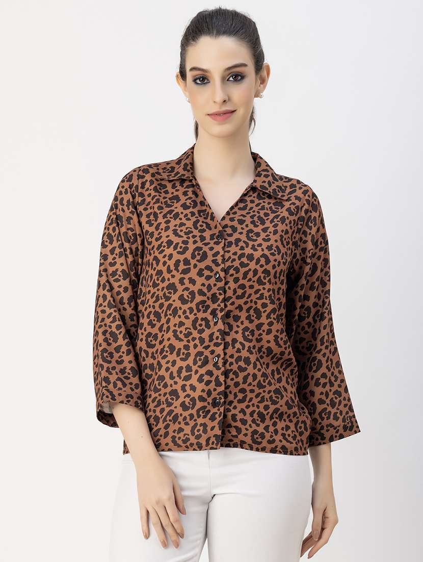 brown poly moss animal print top
