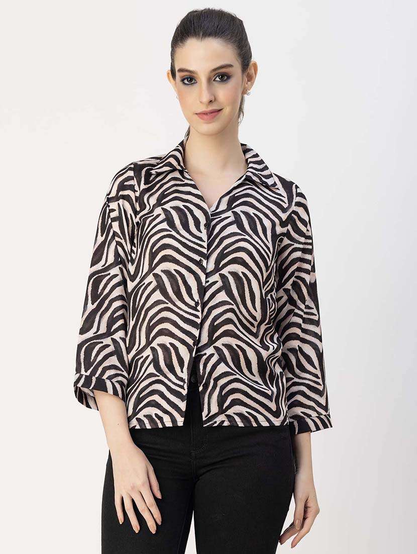 women printed collared straight top