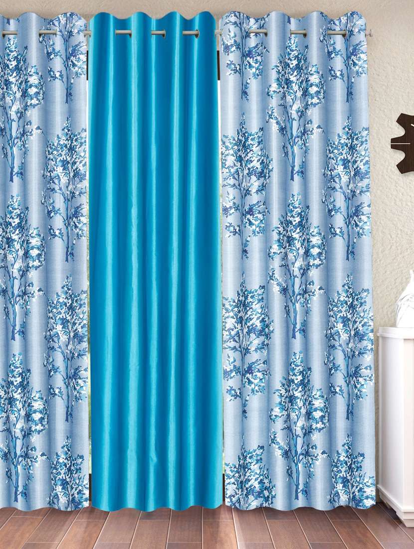 fashion string 3 pieces floral blossoms eyelet polyester long door curtains - 9 feet, blue