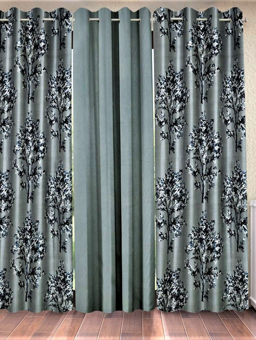 fashion string 3 pieces floral blossoms eyelet polyester long door curtains - 9 feet, grey