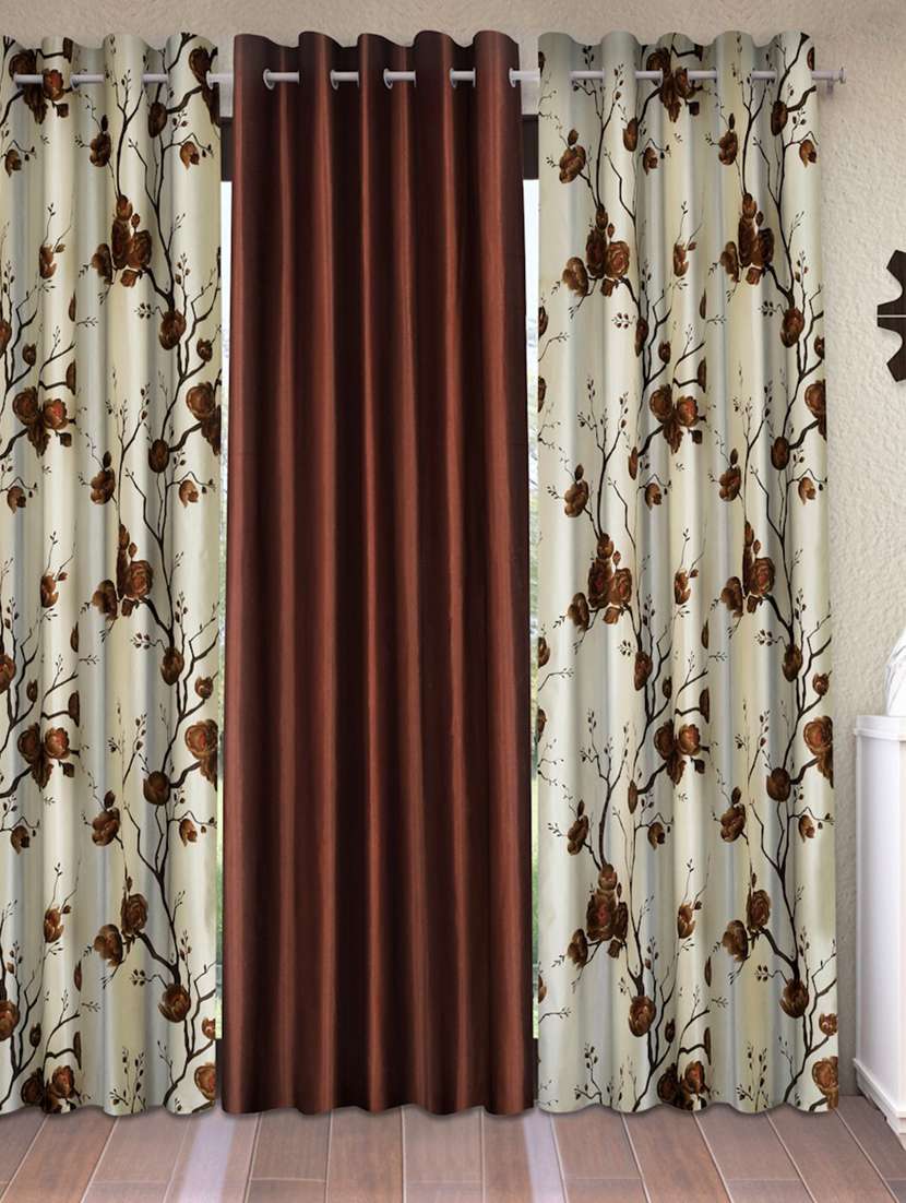 fashion string 3 piece 3d tulips eyelet polyester long door curtains - 9 feet, brown