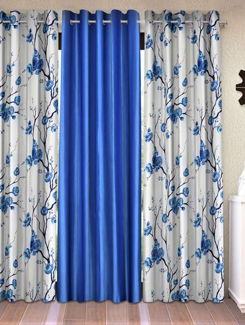 fashion string 3 piece 3d tulips eyelet polyester door curtains - 7 feet, blue - 20766924 - Standard Image - 0