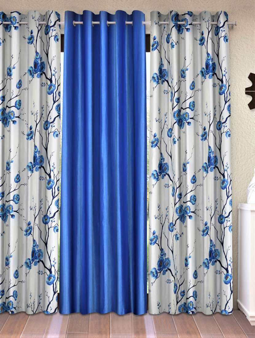 fashion string 3 piece 3d tulips eyelet polyester long door curtains - 9 feet, blue