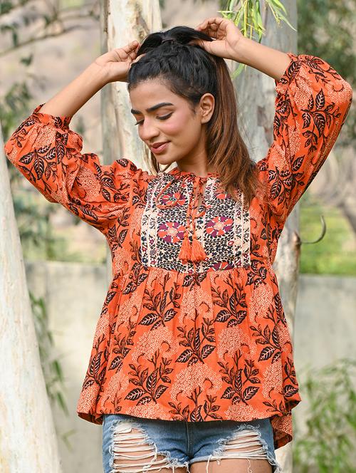 women orange embroidered peplum top - 20767032 - Standard Image - 0