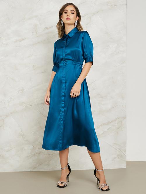 women teal solid a-line shirt dress - 20767217 - Standard Image - 0
