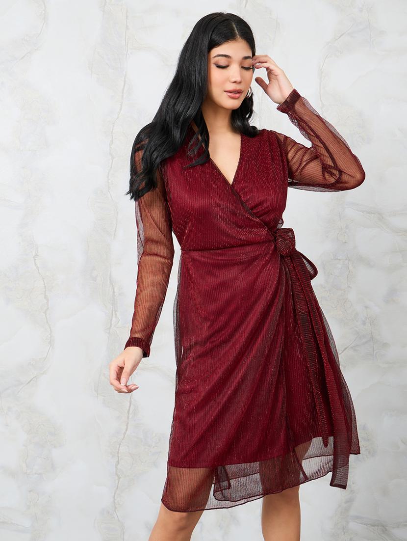 women burgundy self-designed wrap dress - 20767226 - Zoom Image - 0