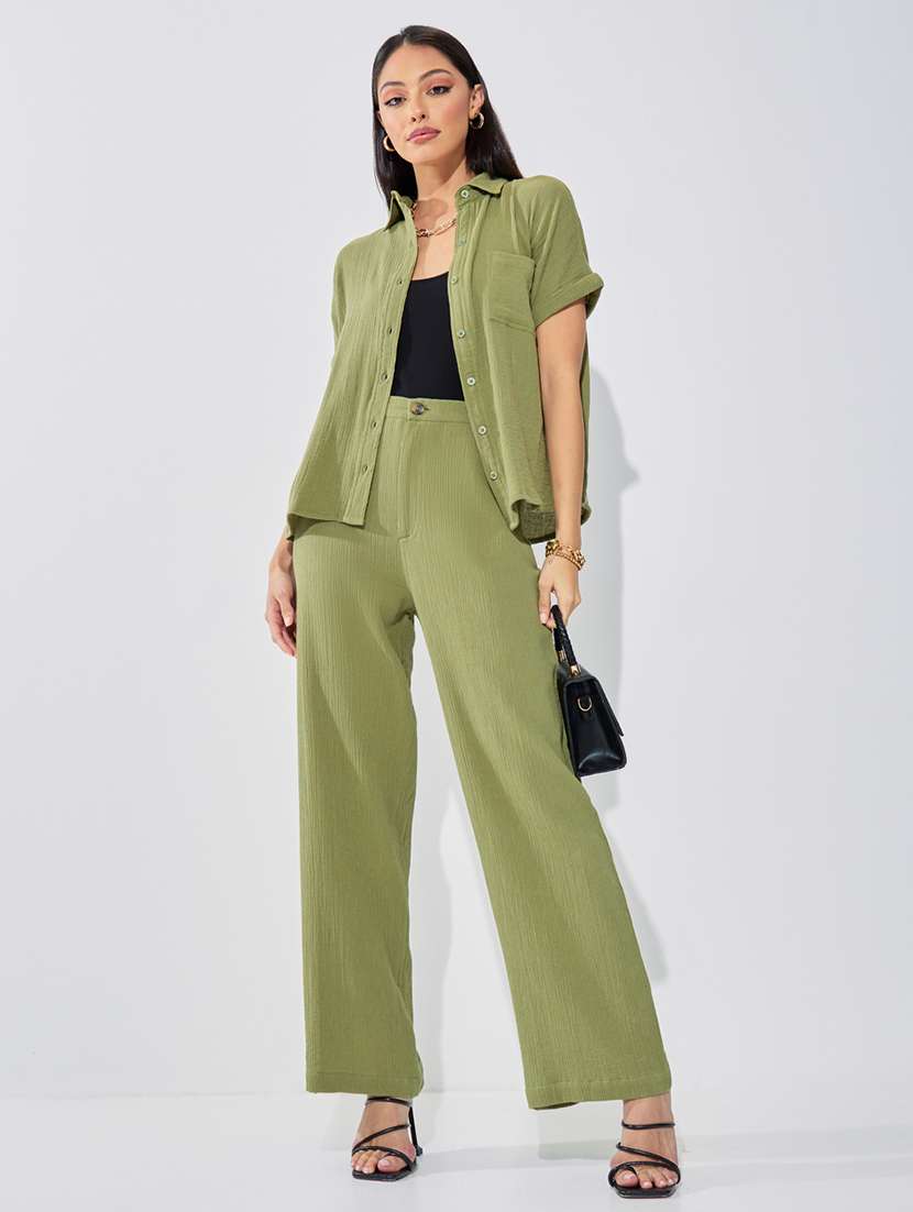 women mid-rise solid wide legtrouser