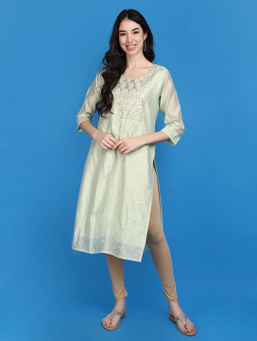 women green round neck straight kurta - 20767425 -  Standard Image - 0