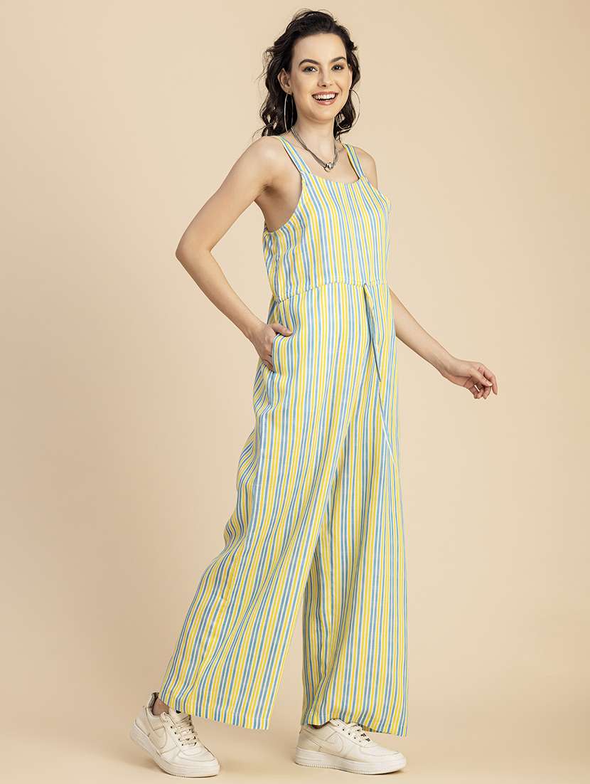 women striped sleeveless full leg jumpsuit