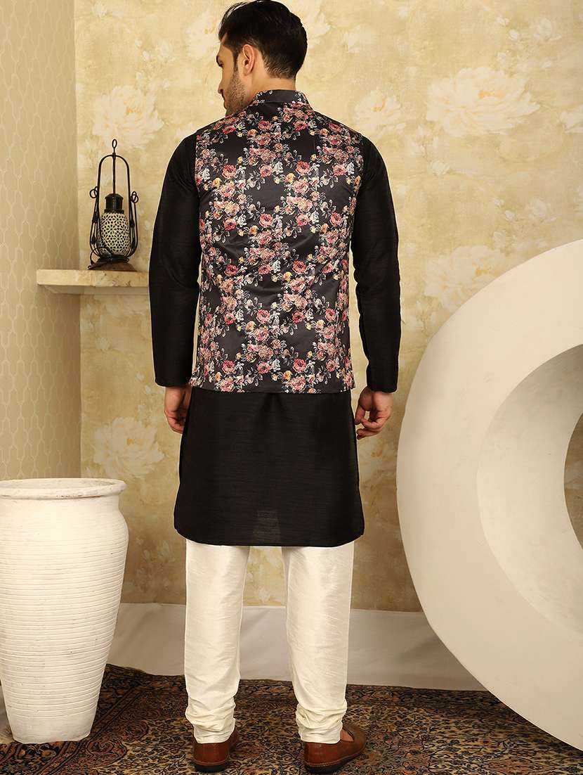 black silk blend kurta pyjama with jacket ethnic wear set - 20767671 -  Standard Image - 2