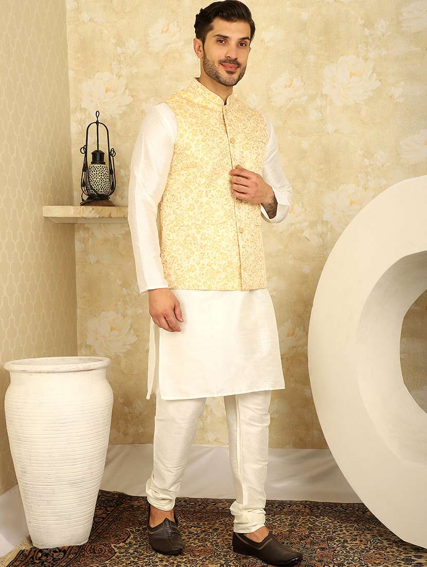 men silk blend kurta pyjama with jacket ethnic wear set